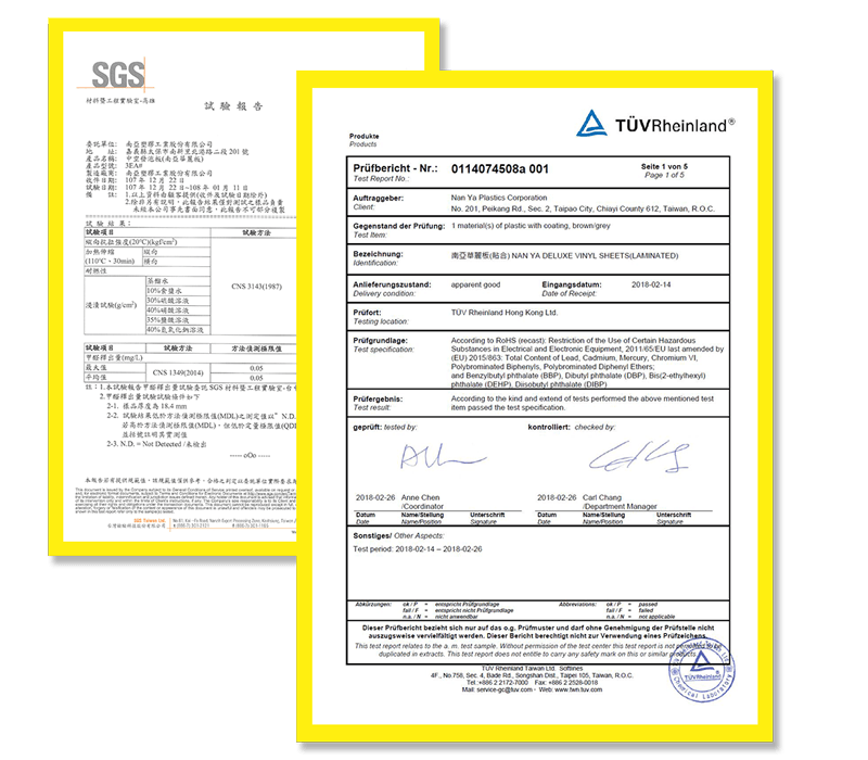 Nan Ya Deluxe Vinyl Sheet passed the certificate of RoHS and formaldehyde-free testing.